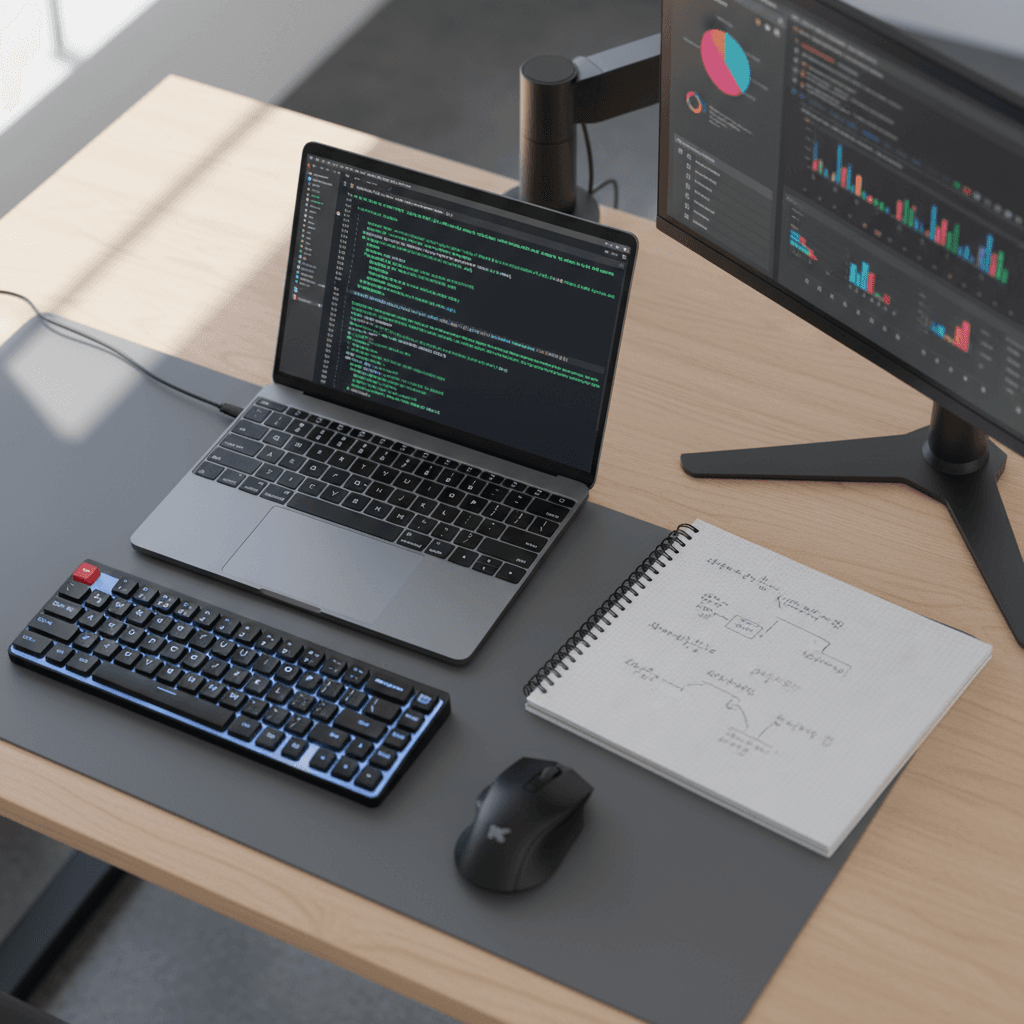 Developer coding on a laptop with an editor interface in a modern workspace
