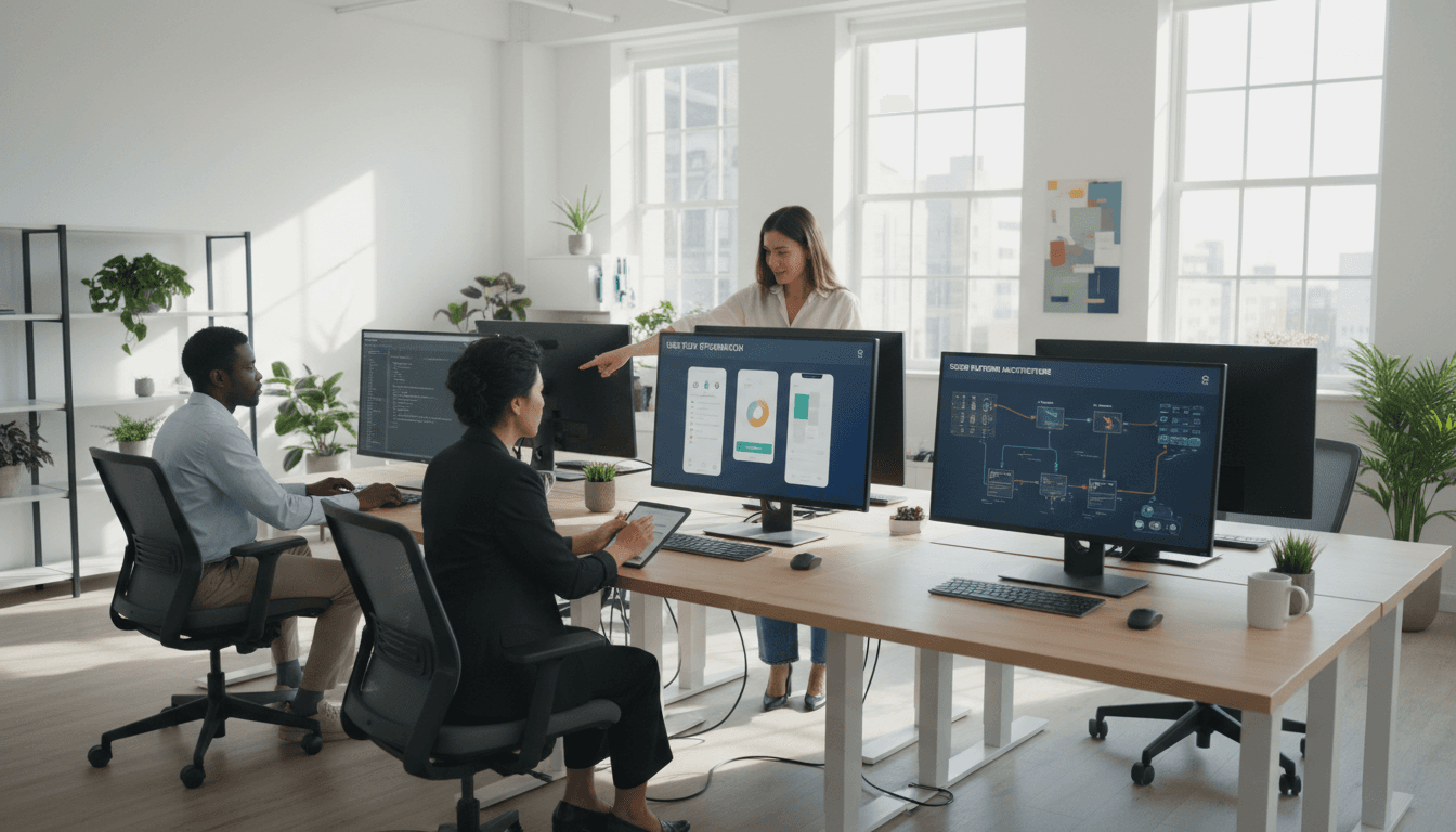 Startup team collaborating on a tech project with modern computers in a clean workspace