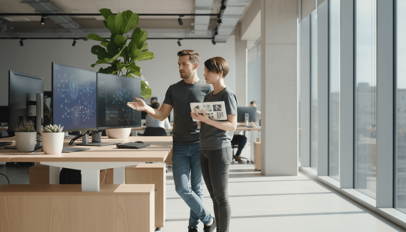 Development team working on an AI application in a modern tech office